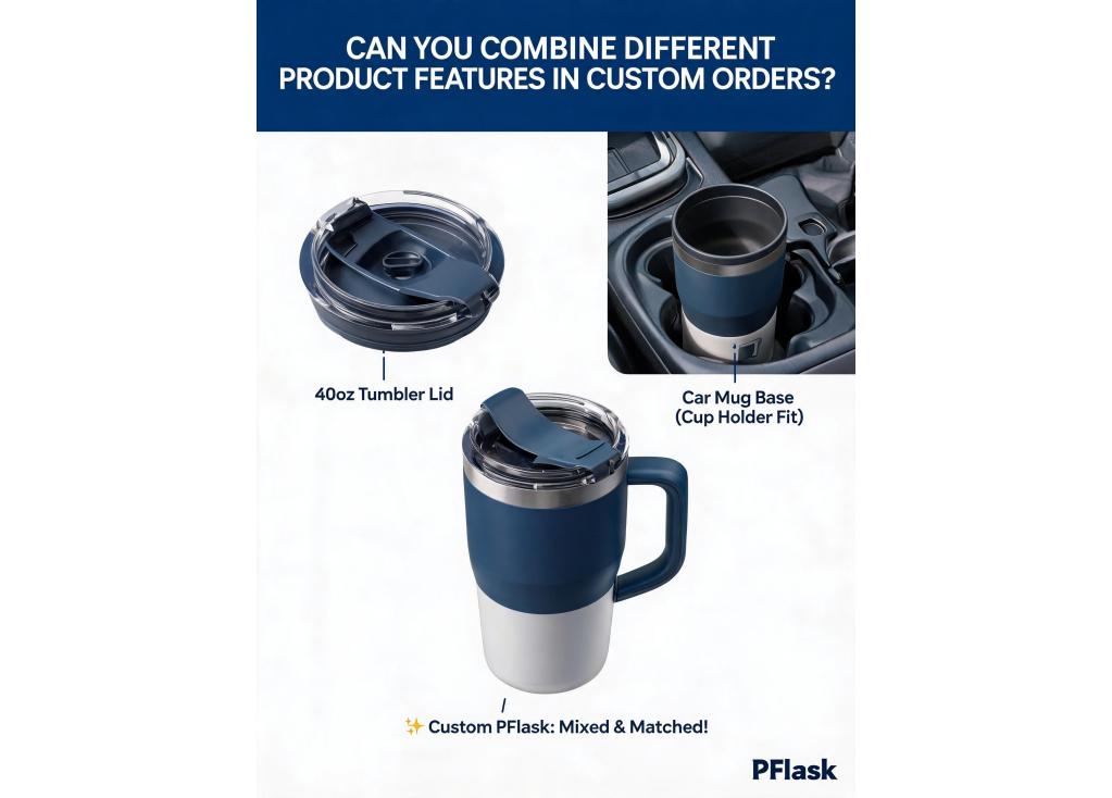 Is it possible to combine different product features, like a 40oz tumbler lid with a car mug base, in a custom order?