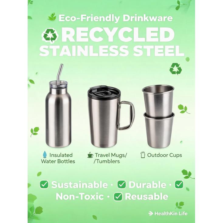 What recycled stainless steel options are available for eco-friendly drinkware?