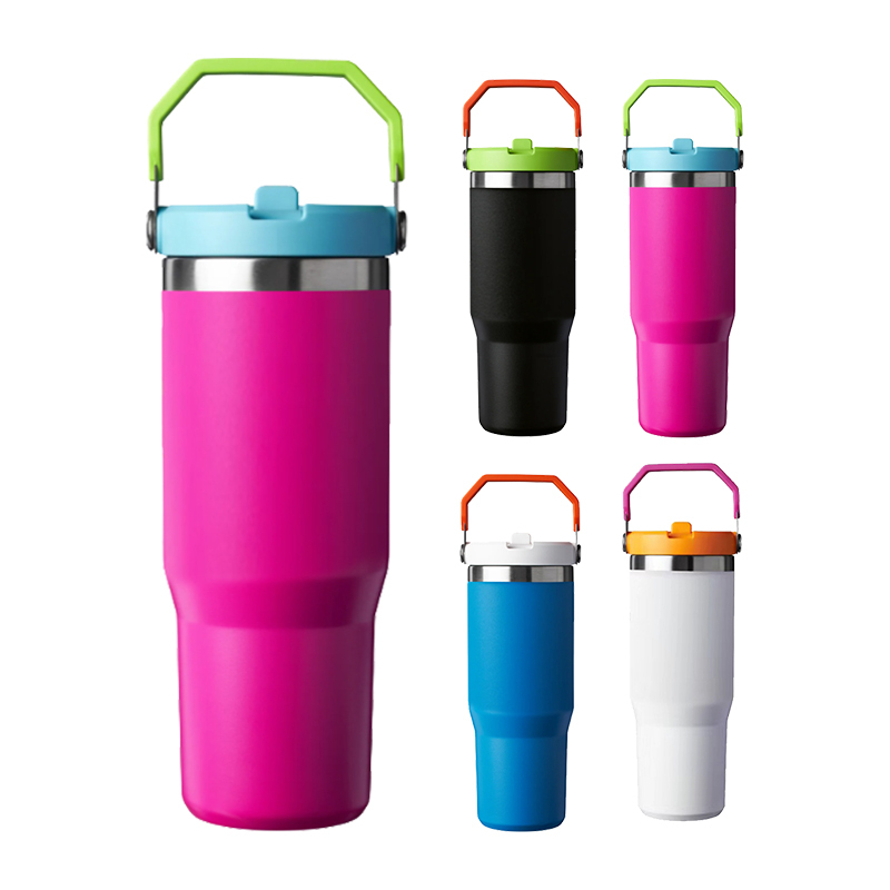 Portable 20oz 30oz Outdoor Leakproof Stainless Steel Flip Straw Insulated Travel Coffee Cup Tumbler with Handle
