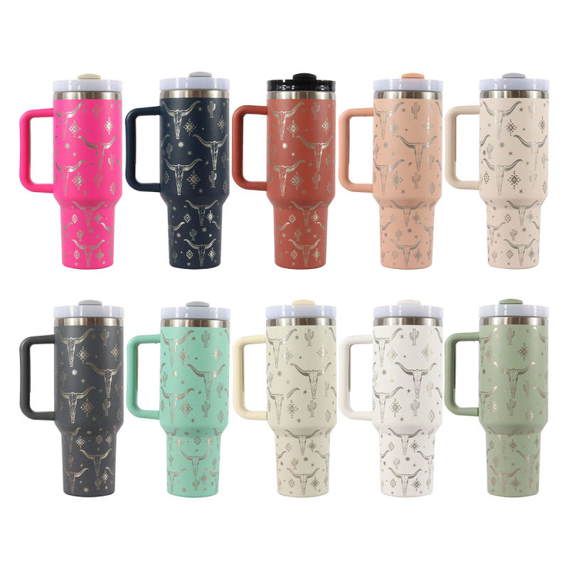 40oz H2.0 Tumbler Laser Pattern Double Wall Vacuum Tumbler with Handle and Straw Reusable Stainless Steel Mugs