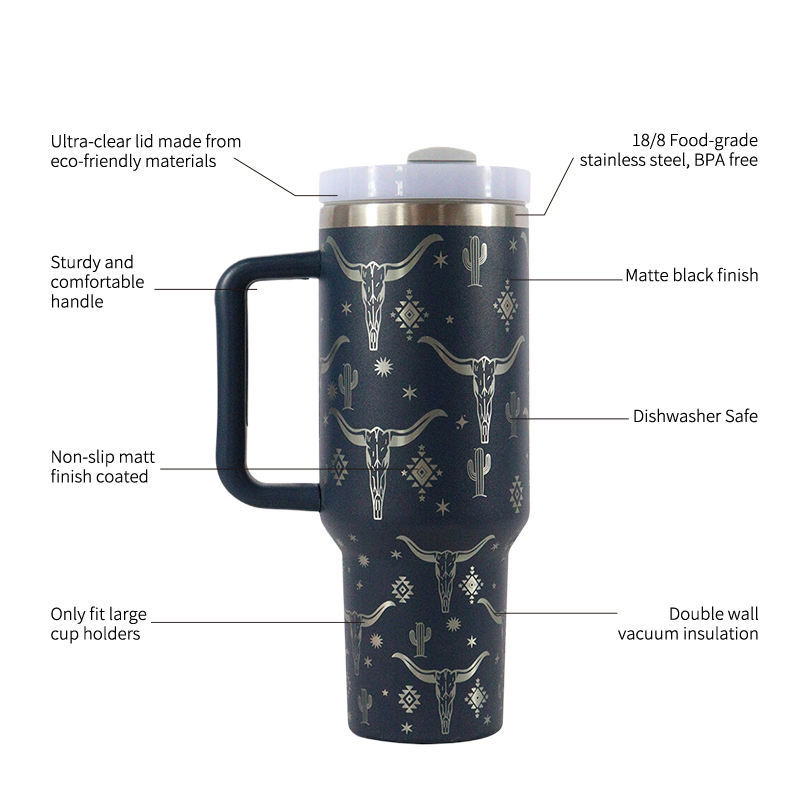 40oz H2.0 Tumbler Laser Pattern Double Wall Vacuum Tumbler with Handle and Straw Reusable Stainless Steel Mugs