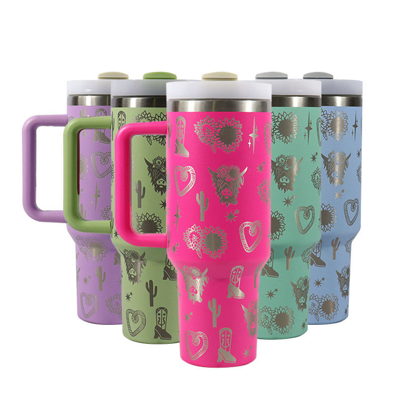 40oz H2.0 Tumbler Laser Pattern Double Wall Vacuum Tumbler with Handle and Straw Reusable Stainless Steel Mugs