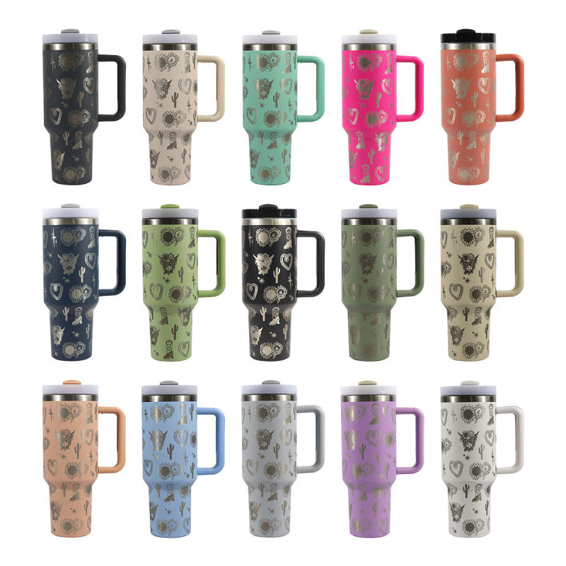 40oz H2.0 Tumbler Laser Pattern Double Wall Vacuum Tumbler with Handle and Straw Reusable Stainless Steel Mugs