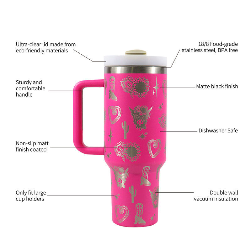 40oz H2.0 Tumbler Laser Pattern Double Wall Vacuum Tumbler with Handle and Straw Reusable Stainless Steel Mugs