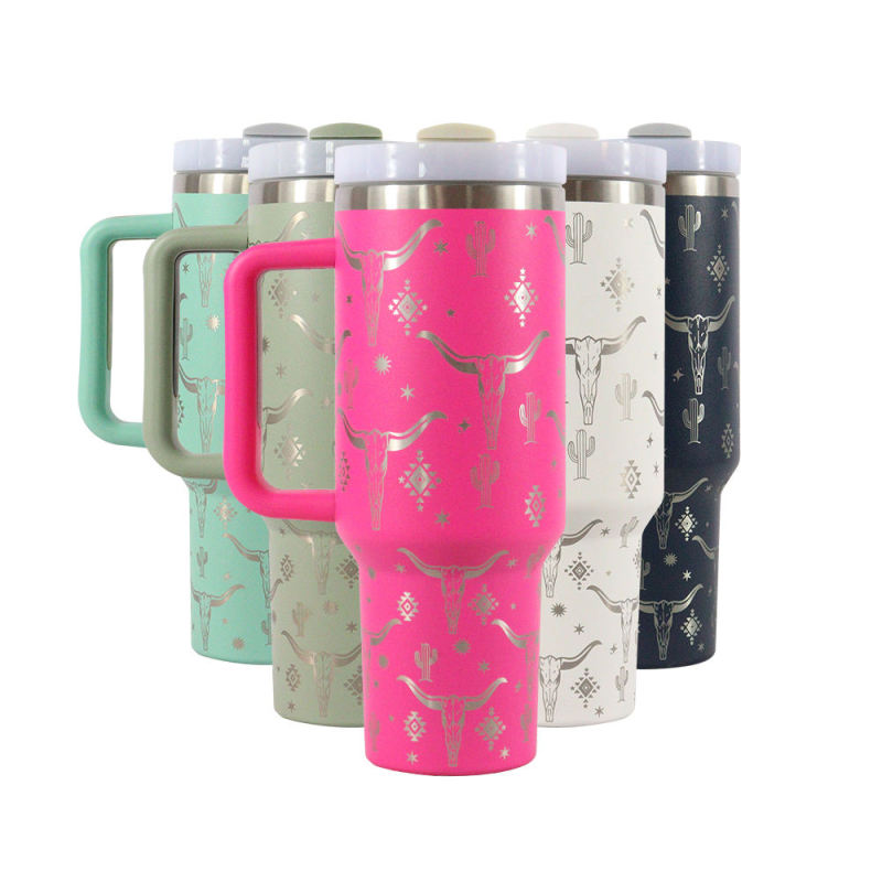 40oz H2.0 Tumbler Laser Pattern Double Wall Vacuum Tumbler with Handle and Straw Reusable Stainless Steel Mugs