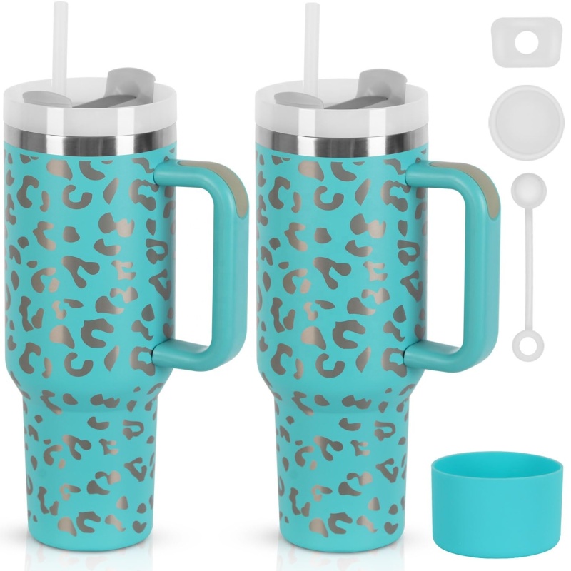 YEDI 2024 Laser Leopard Print 40oz Adventure Travel Tumbler Laser Leopard Print Mug With Silicone Handle and Lid