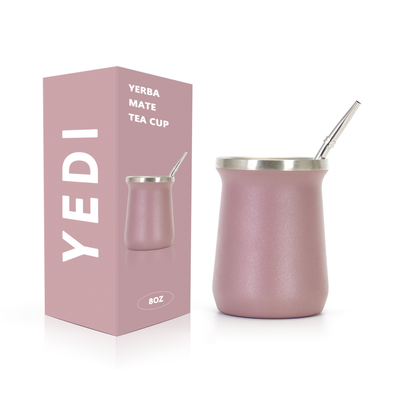 YEDI Burgundy Stainless Steel 8oz Double Wall Vacuum Insulated Yerba Mate Gourd Mug with Bombilla