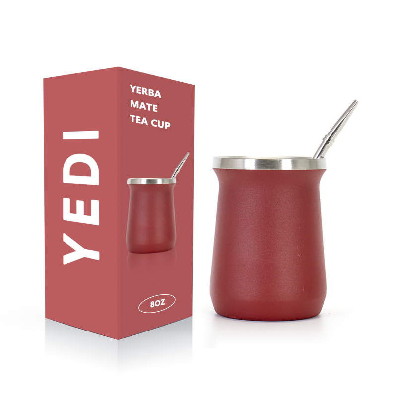 YEDI Burgundy Stainless Steel 8oz Double Wall Vacuum Insulated Yerba Mate Gourd Mug with Bombilla