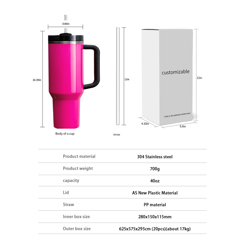 40 oz Stainless Steel Insulated Tumbler with Handle and Straw Customizable Logo Reusable Water Bottle Coffee Mug for Travel