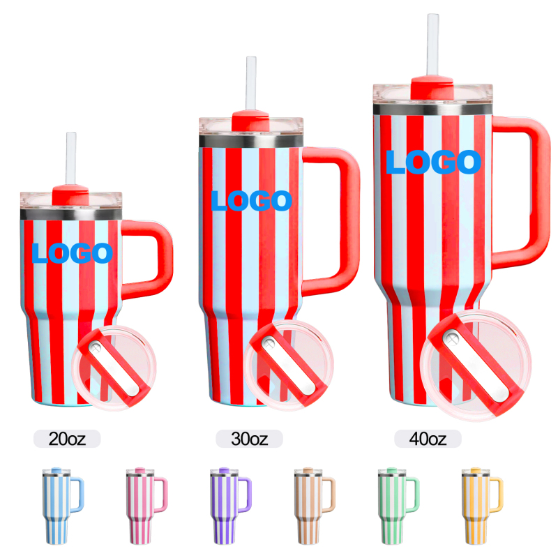 Striped Coffee Mug Lid  Tumbler with Handle BPA-Free Cups Double Wall Coffee Stainless Steel Water Bottle 20oz 30oz 40oz