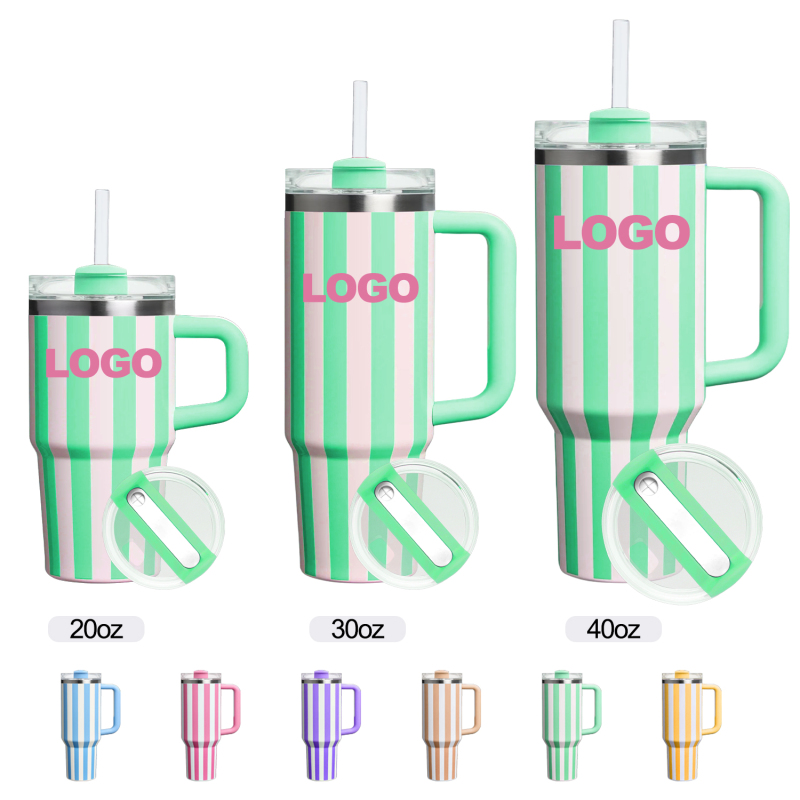 Striped Coffee Mug Lid  Tumbler with Handle BPA-Free Cups Double Wall Coffee Stainless Steel Water Bottle 20oz 30oz 40oz