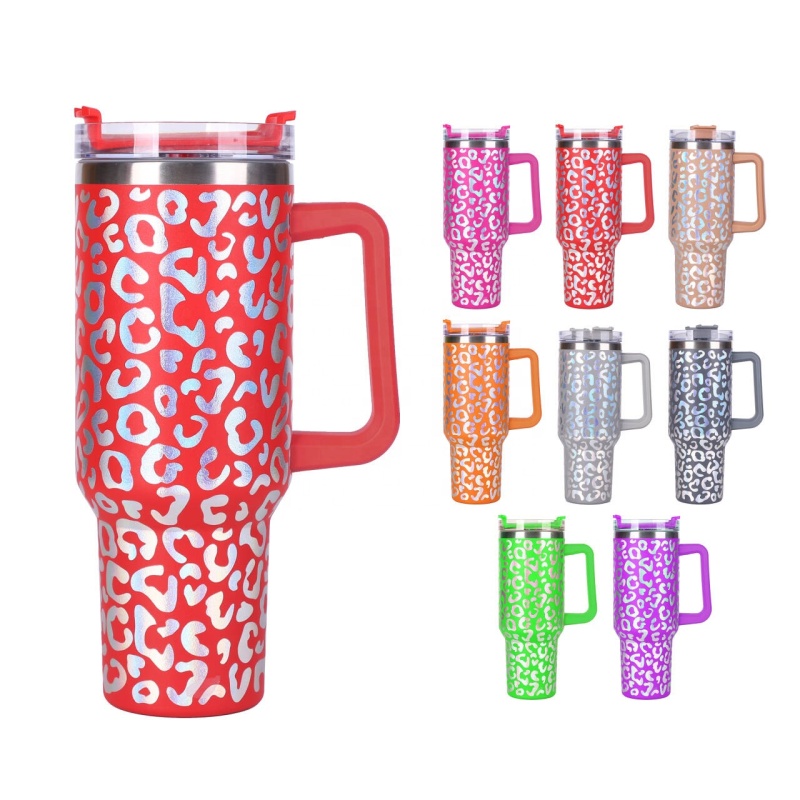 40oz Leopard Stainless Steel Tumbler Vacuum Insulated Drinking Tumblers Iridescent Water Bottle with Handle