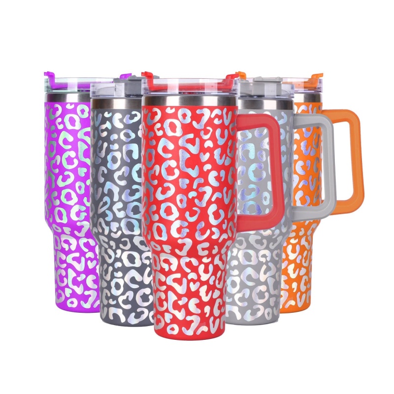 40oz Leopard Stainless Steel Tumbler Vacuum Insulated Drinking Tumblers Iridescent Water Bottle with Handle