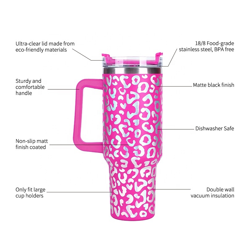 40oz Leopard Stainless Steel Tumbler Vacuum Insulated Drinking Tumblers Iridescent Water Bottle with Handle