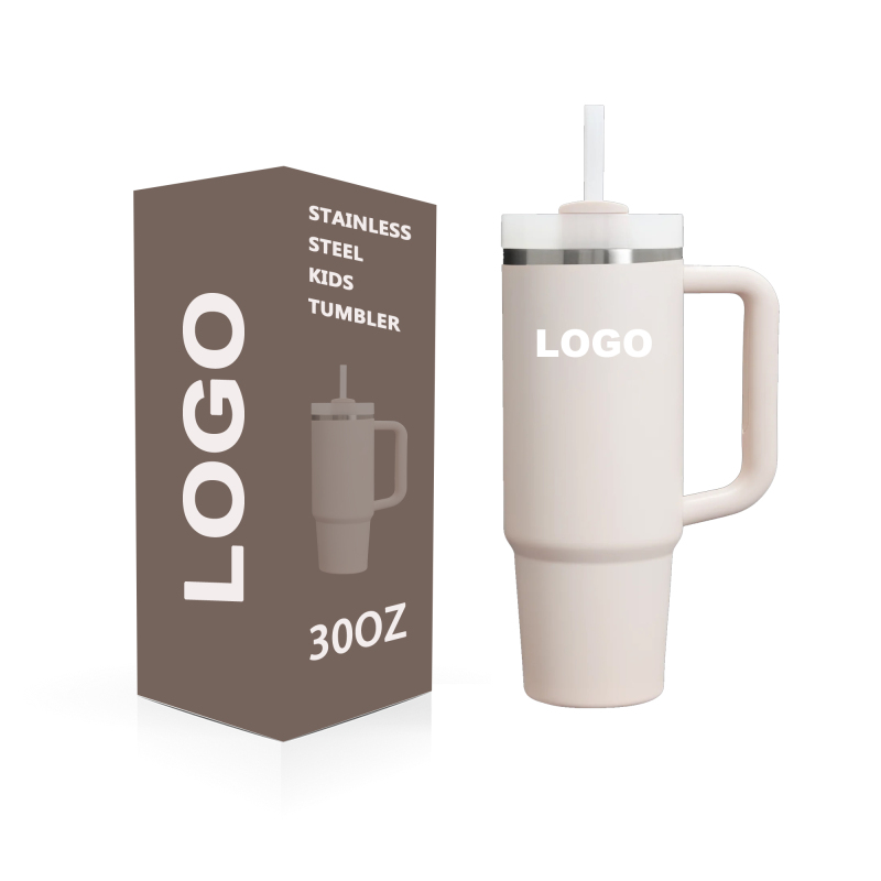 30oz Vacuum Tumbler with Handle and Silicone Straw Wholesale Custom  Leakproof Tumbler Cream