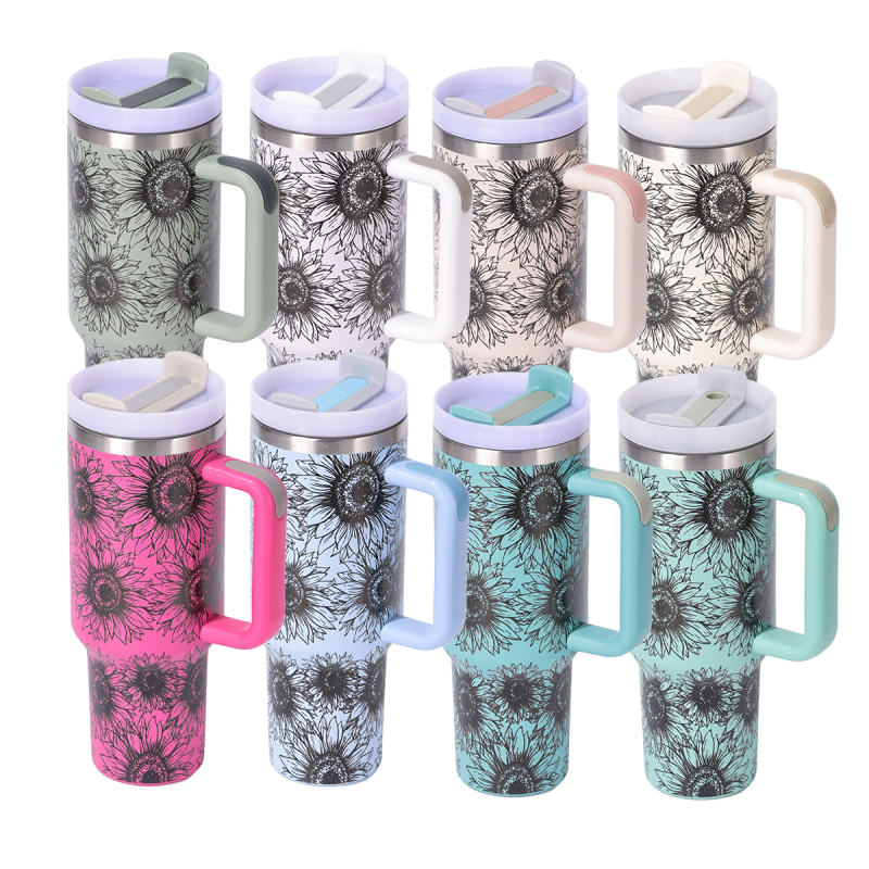 YEDI 40oz H2.0 Tumbler Sunflower Design Double Wall Vacuum Tumbler with Handle and Straw Reusable Stainless Steel Mugs