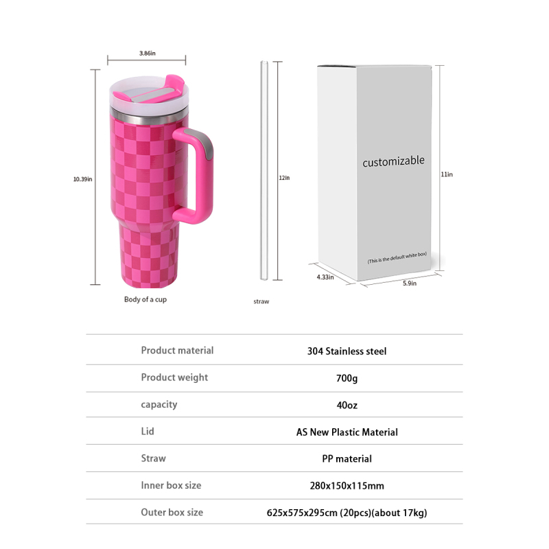 40oz  H2.0 Tumbler Chessboard Grain Double Wall Vacuum Tumbler with Handle and Straw Reusable Stainless Steel Mugs