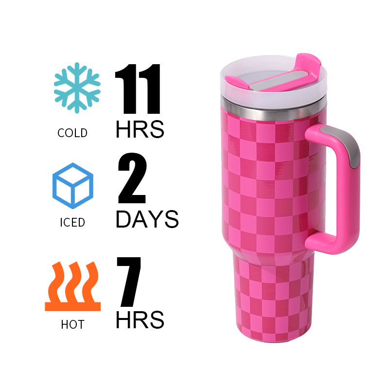 40oz  H2.0 Tumbler Chessboard Grain Double Wall Vacuum Tumbler with Handle and Straw Reusable Stainless Steel Mugs