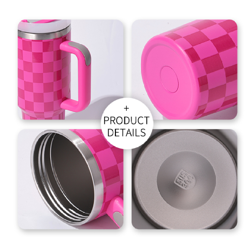 40oz  H2.0 Tumbler Chessboard Grain Double Wall Vacuum Tumbler with Handle and Straw Reusable Stainless Steel Mugs