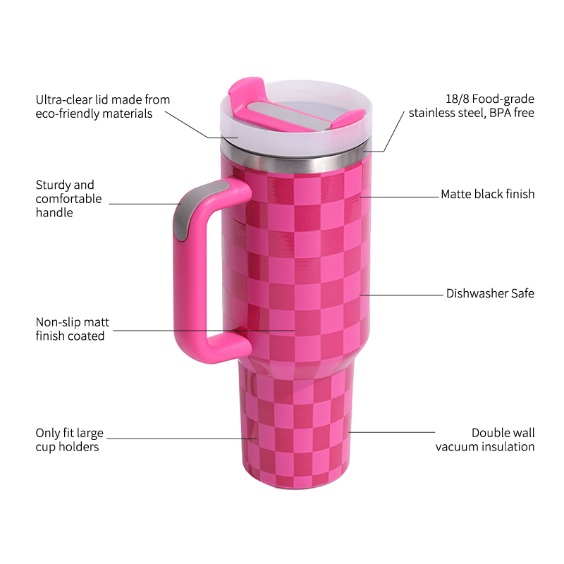 40oz  H2.0 Tumbler Chessboard Grain Double Wall Vacuum Tumbler with Handle and Straw Reusable Stainless Steel Mugs