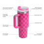 40oz  H2.0 Tumbler Chessboard Grain Double Wall Vacuum Tumbler with Handle and Straw Reusable Stainless Steel Mugs