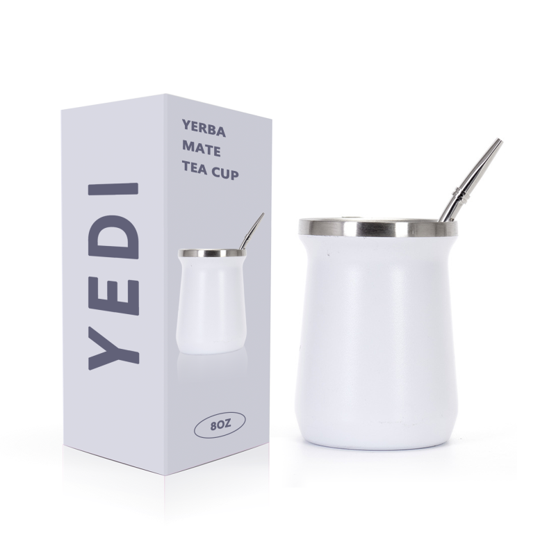 YEDI 8oz White Stainless Steel Double Wall Vacuum Insulated Tumbler Yerba Mate Cup with Bombilla