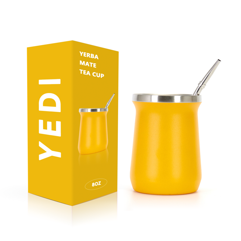 YEDI 8oz White Stainless Steel Double Wall Vacuum Insulated Tumbler Yerba Mate Cup with Bombilla