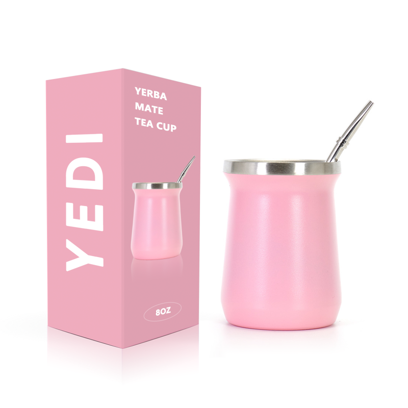 YEDI 8oz White Stainless Steel Double Wall Vacuum Insulated Tumbler Yerba Mate Cup with Bombilla