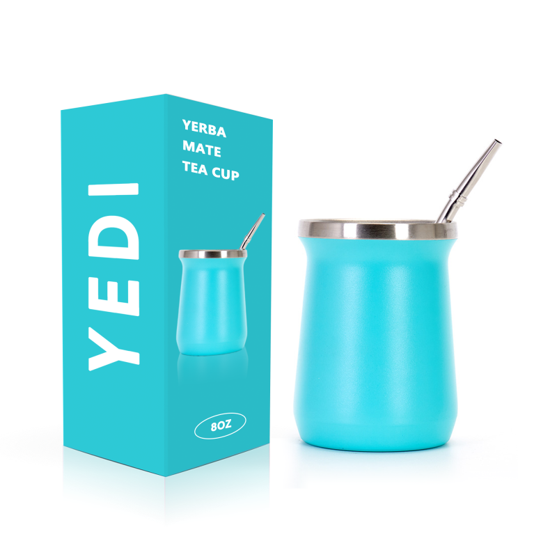 YEDI 8oz White Stainless Steel Double Wall Vacuum Insulated Tumbler Yerba Mate Cup with Bombilla