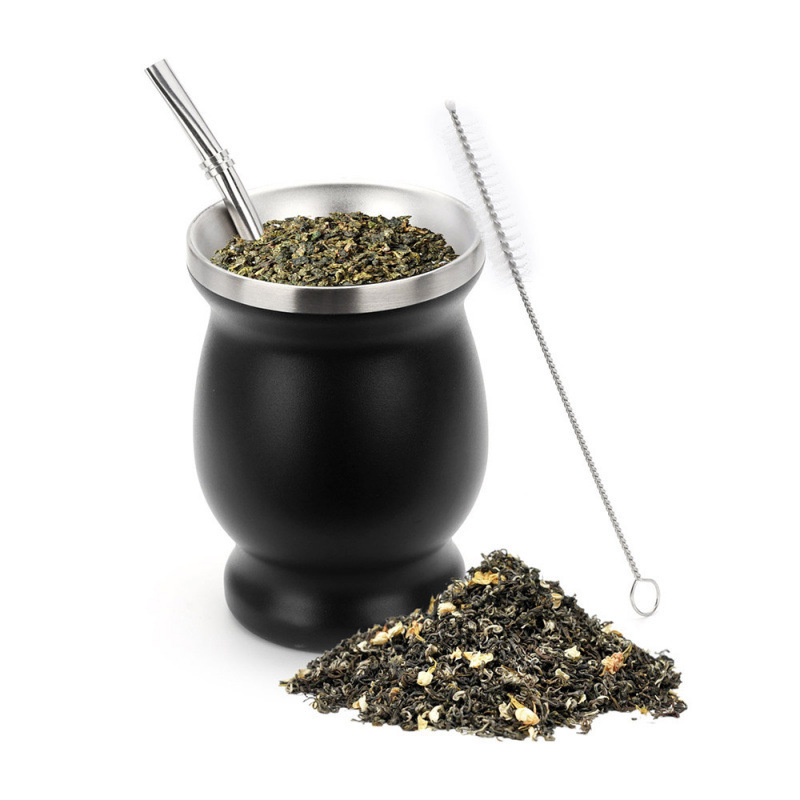 Wholesales Tea Mugs Double Wall Tumbler 8oz Insulated Stainless Steel Cup With Black Mate Color Tea Yerba Mate Mugs Espresso