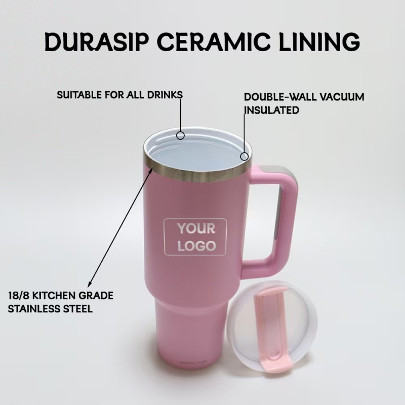 Hot Sale 40 oz Tumbler with Handle and Straw Insulated Water Bottle with Straw Tumbler With Durasip Ceramic Lining