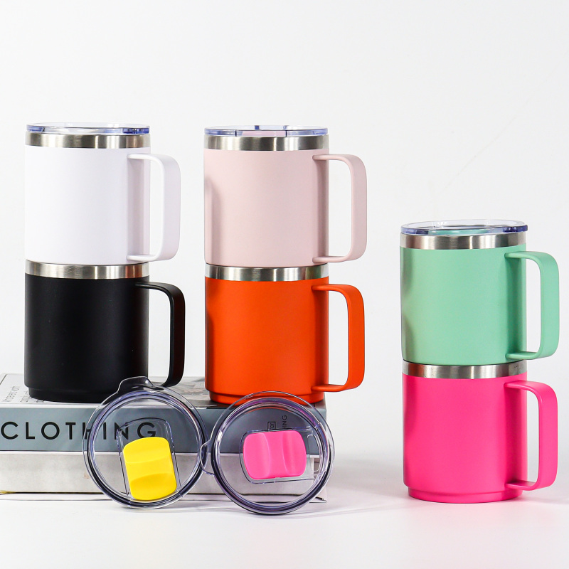 Custom 10oz & 14oz Insulated Double Wall Stainless Steel Travel Mug Camper Camping Tumbler with Handle Lid Vacuum Flask Thermos