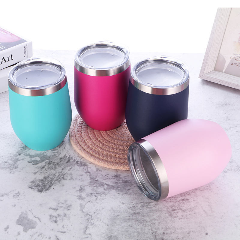 YEDI Custom logo 12 oz Double Walled Egg Shaped Mug Stainless Steel Personalized Stemless Wine Tumbler with Sliding Lid