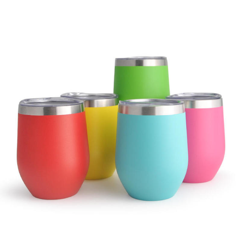 YEDI Custom logo 12 oz Double Walled Egg Shaped Mug Stainless Steel Personalized Stemless Wine Tumbler with Sliding Lid