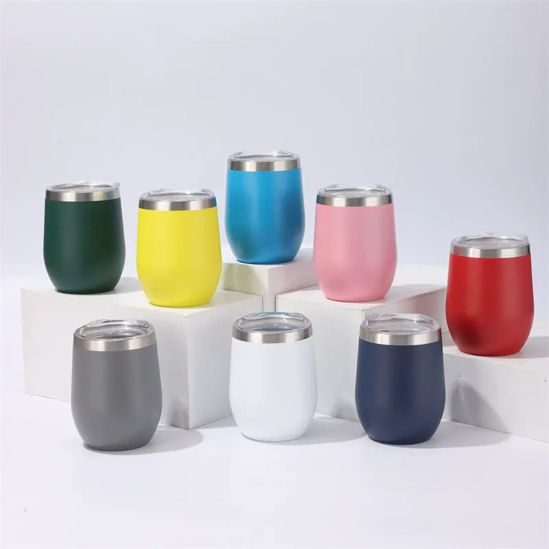 YEDI Custom logo 12 oz Double Walled Egg Shaped Mug Stainless Steel Personalized Stemless Wine Tumbler with Sliding Lid