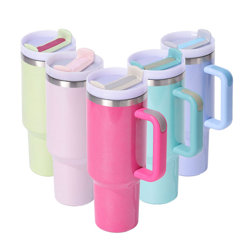40oz H2.0 Rainbow Paint Double Wall Vacuum Tumbler with Handle and Straw Reusable Stainless Steel Mugs