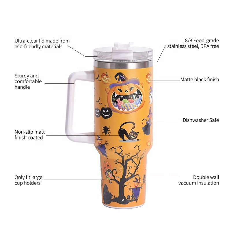 YEDI Halloween Decoration 40oz Mug Outdoor Coffee Cup Tumbler Stainless Steel Mug Halloween 40oz Tumblers With Handle