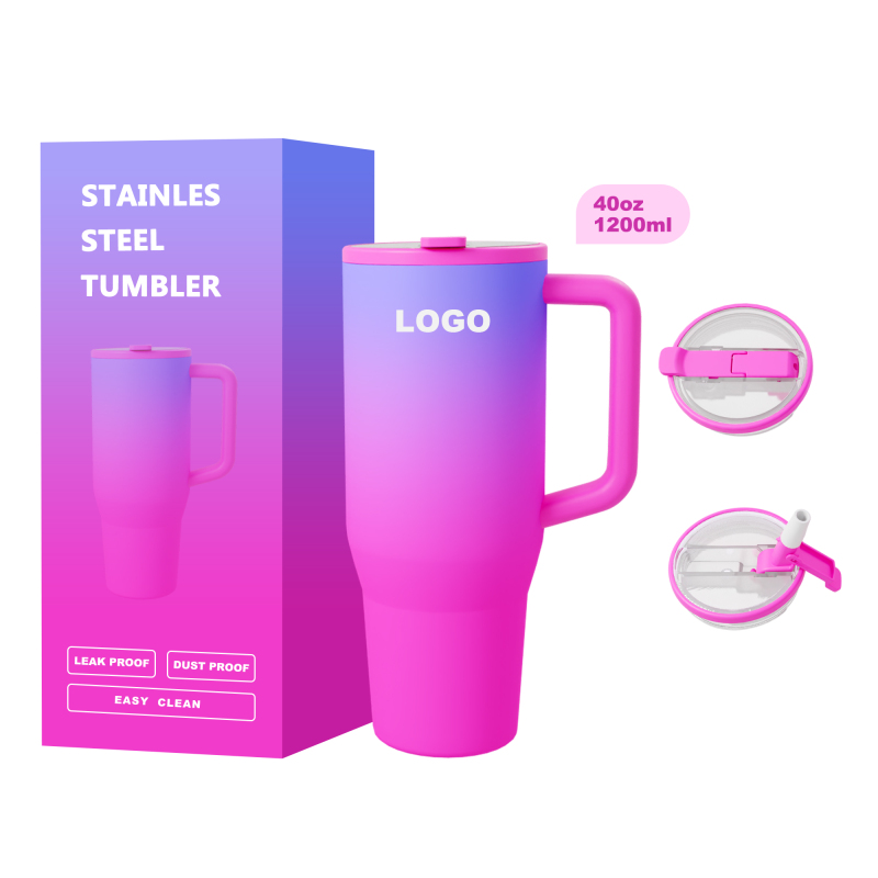 Custom Tumbler 40 oz Stainless Steel Vacuum Insulated Metal Travel Mug Thermo Coffee Cup 40oz  Flip Straw Tumbler With Handle