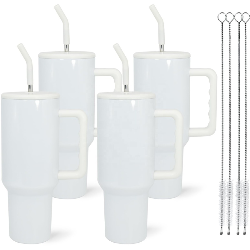 40oz Sublimation Tumbler with Handle and Straw Double Wall Vacuum Insulated Travel Mug Stainless Steel Cup  Sublimation White
