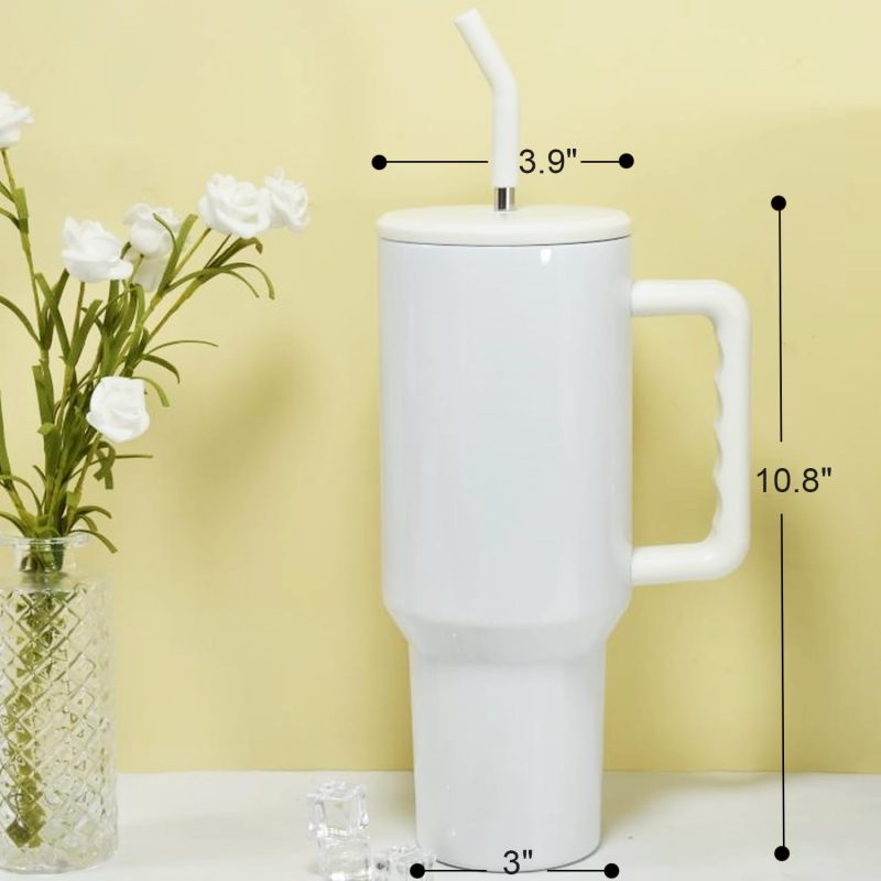 40oz Sublimation Tumbler with Handle and Straw Double Wall Vacuum Insulated Travel Mug Stainless Steel Cup  Sublimation White