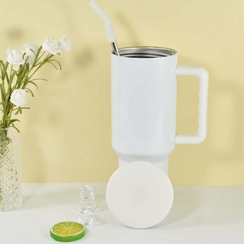 40oz Sublimation Tumbler with Handle and Straw Double Wall Vacuum Insulated Travel Mug Stainless Steel Cup  Sublimation White