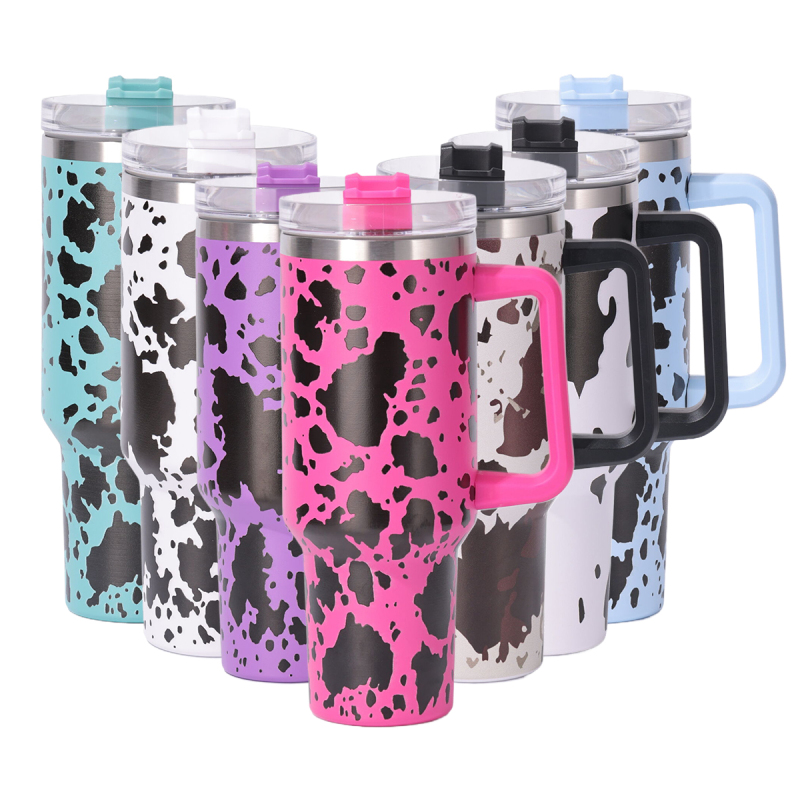 40 oz H1.0 Flowstat Handle Tumbler Stainless Steel Cow Pattern Travel Mugs Reusable Thermos Bottles American Style Mugs