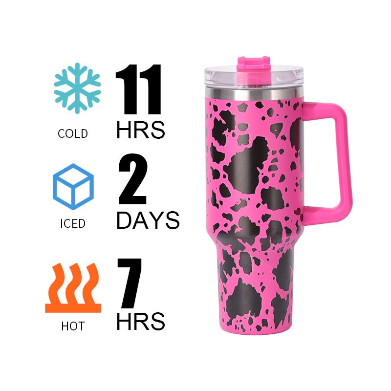 40 oz H1.0 Flowstat Handle Tumbler Stainless Steel Cow Pattern Travel Mugs Reusable Thermos Bottles American Style Mugs