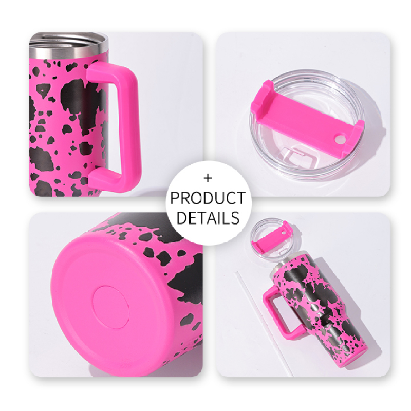 40 oz H1.0 Flowstat Handle Tumbler Stainless Steel Cow Pattern Travel Mugs Reusable Thermos Bottles American Style Mugs