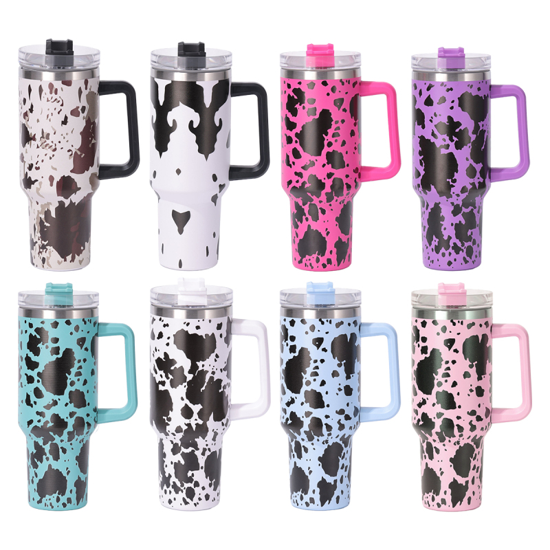 40 oz H1.0 Flowstat Handle Tumbler Stainless Steel Cow Pattern Travel Mugs Reusable Thermos Bottles American Style Mugs