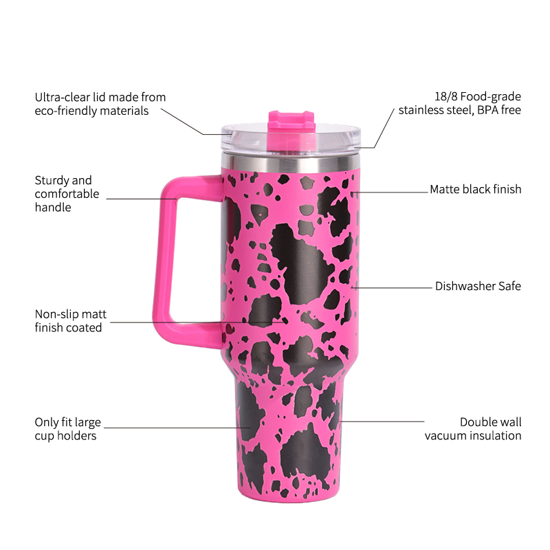 40 oz H1.0 Flowstat Handle Tumbler Stainless Steel Cow Pattern Travel Mugs Reusable Thermos Bottles American Style Mugs