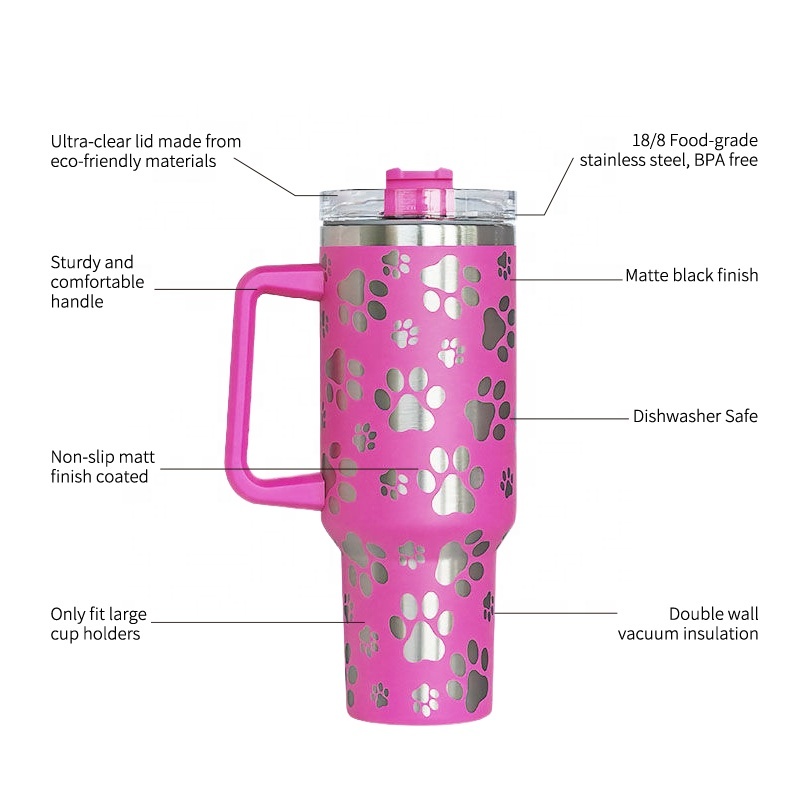 Individueller 40oz 40 oz Lasergravur Katzenkralle Doppelwandiger isolierter Edelstahlbecher mit Henkel und Strohhalm Großhandelsmasse