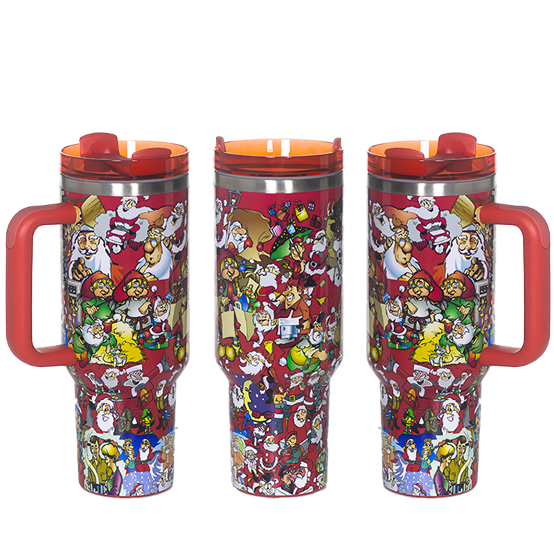 YEDI Wholesale Bulk Christmas Holiday Santa Design 40oz Stainless Steel Insulated Coffee Tumbler with Handle and Straw