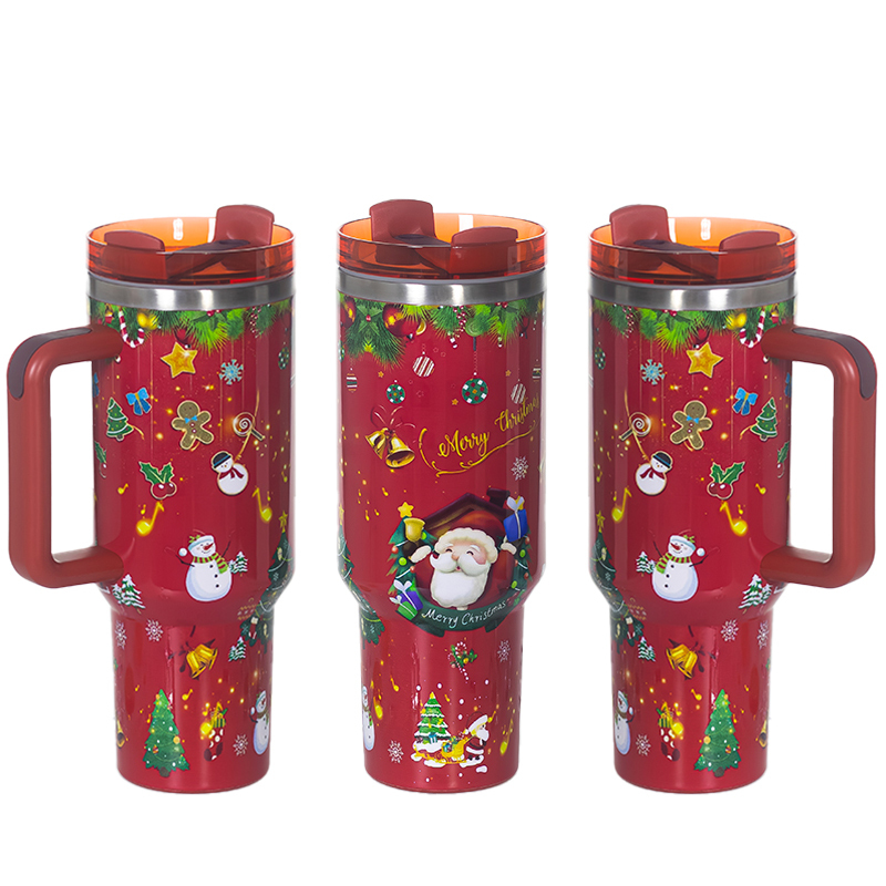 YEDI Wholesale Bulk Christmas Holiday Santa Design 40oz Stainless Steel Insulated Coffee Tumbler with Handle and Straw