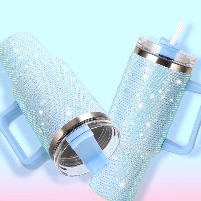 Glitter 40oz Rhinestone Bling Diamond Tumbler with Handle Vacuum Insulated Stainless Steel Bottle Cup with Lid and Straw
